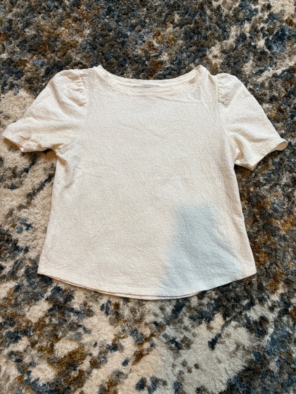 LOFT Cream Textured Puff-Sleeve Short Sleeve Top